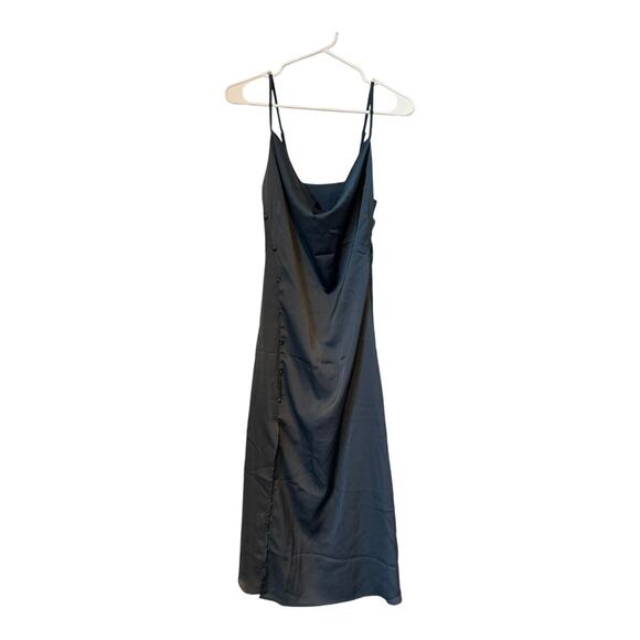 NWT SOLID COWL NECK SLIT MIDI DRESS side row of buttons, Cider in blue size S - Picture 11 of 15